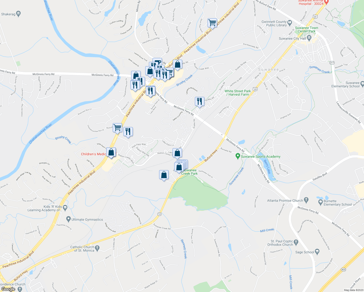 map of restaurants, bars, coffee shops, grocery stores, and more near 1165 Station Center Boulevard in Suwanee