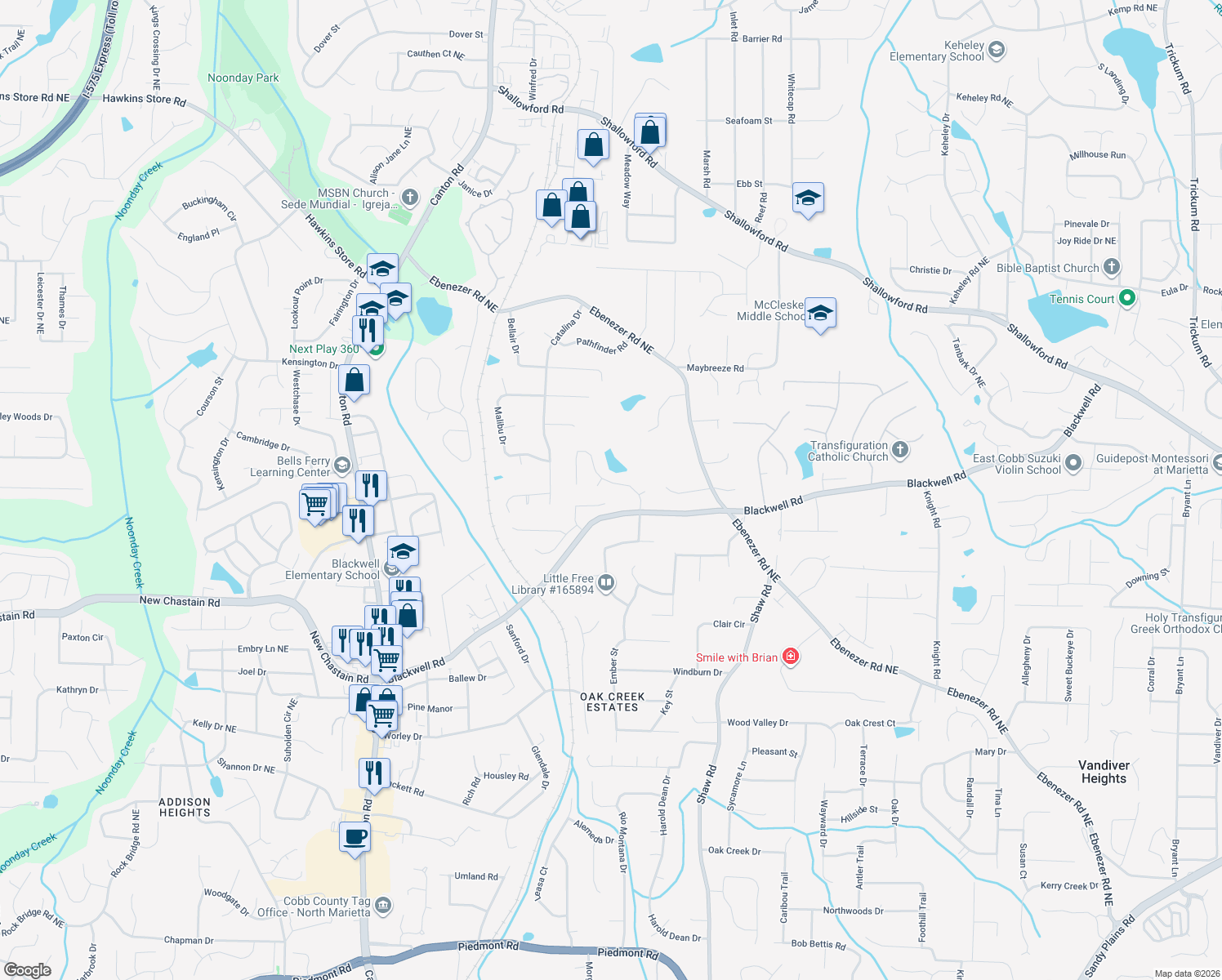 map of restaurants, bars, coffee shops, grocery stores, and more near 3633 Autumn Ridge Pkwy in Marietta