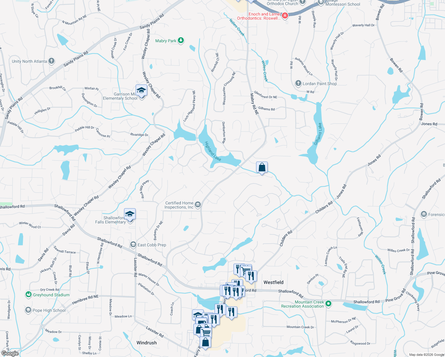 map of restaurants, bars, coffee shops, grocery stores, and more near 3701 Mabry Road in Roswell