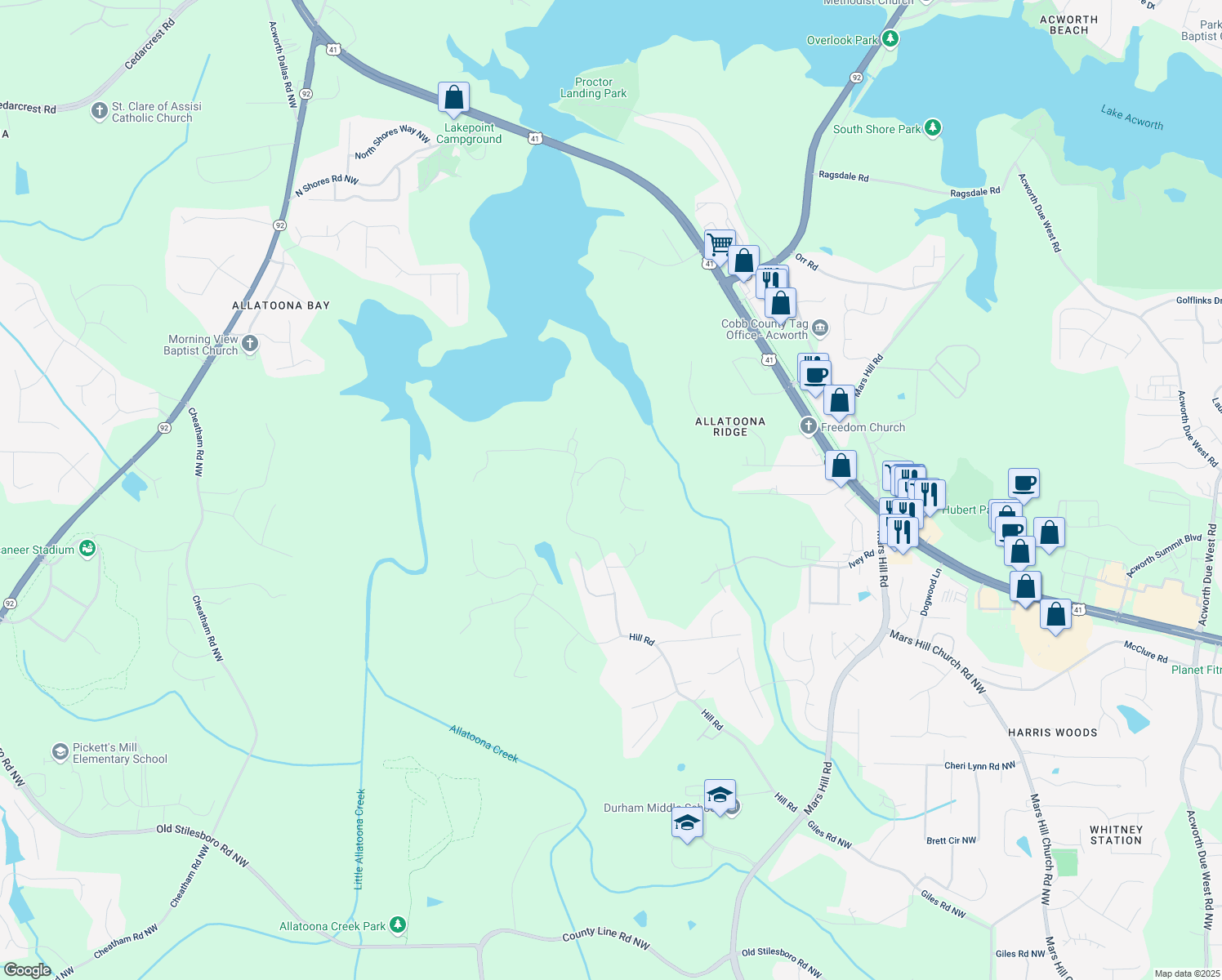map of restaurants, bars, coffee shops, grocery stores, and more near 5327 Saville Drive Northwest in Acworth