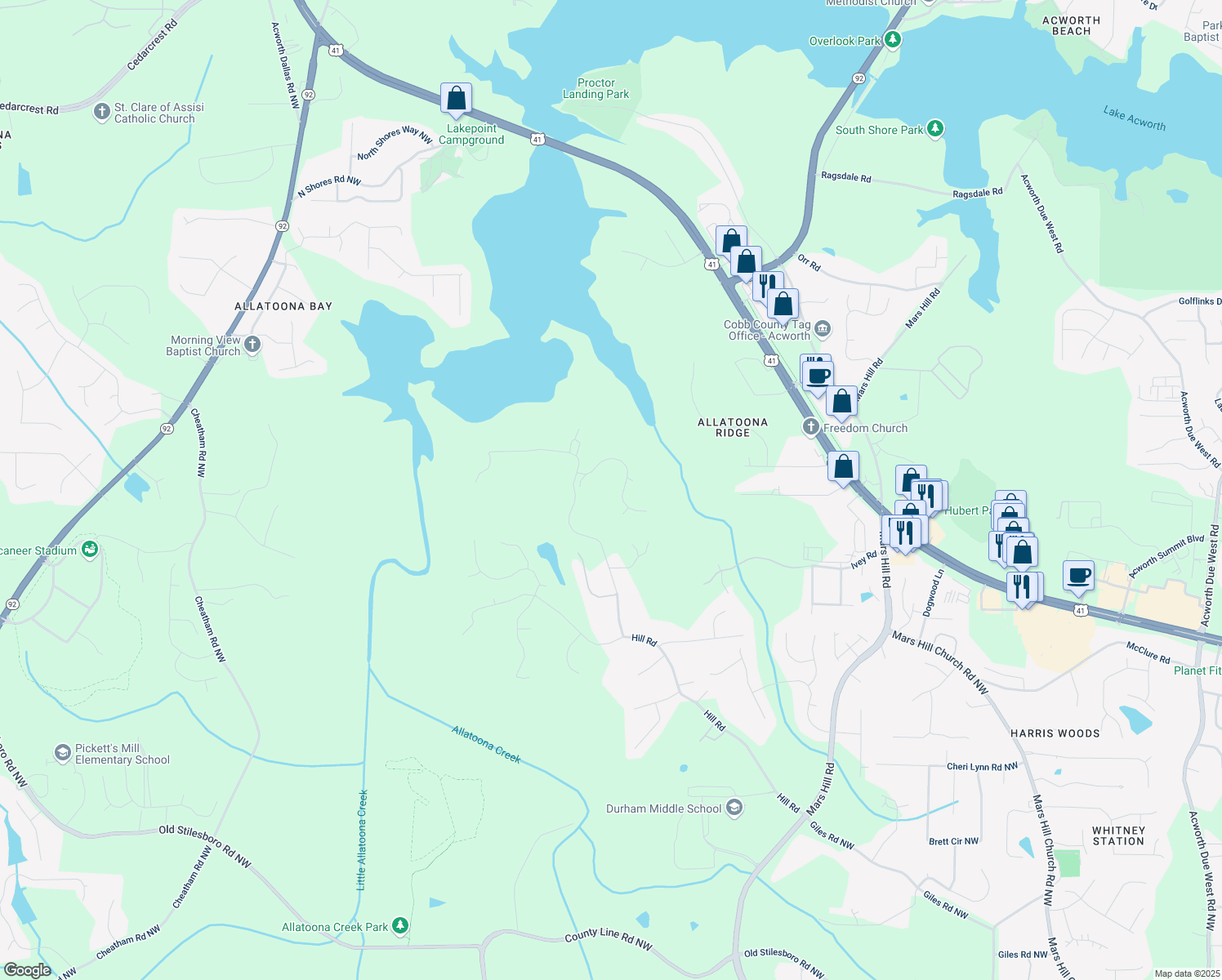 map of restaurants, bars, coffee shops, grocery stores, and more near 5327 Saville Drive Northwest in Acworth