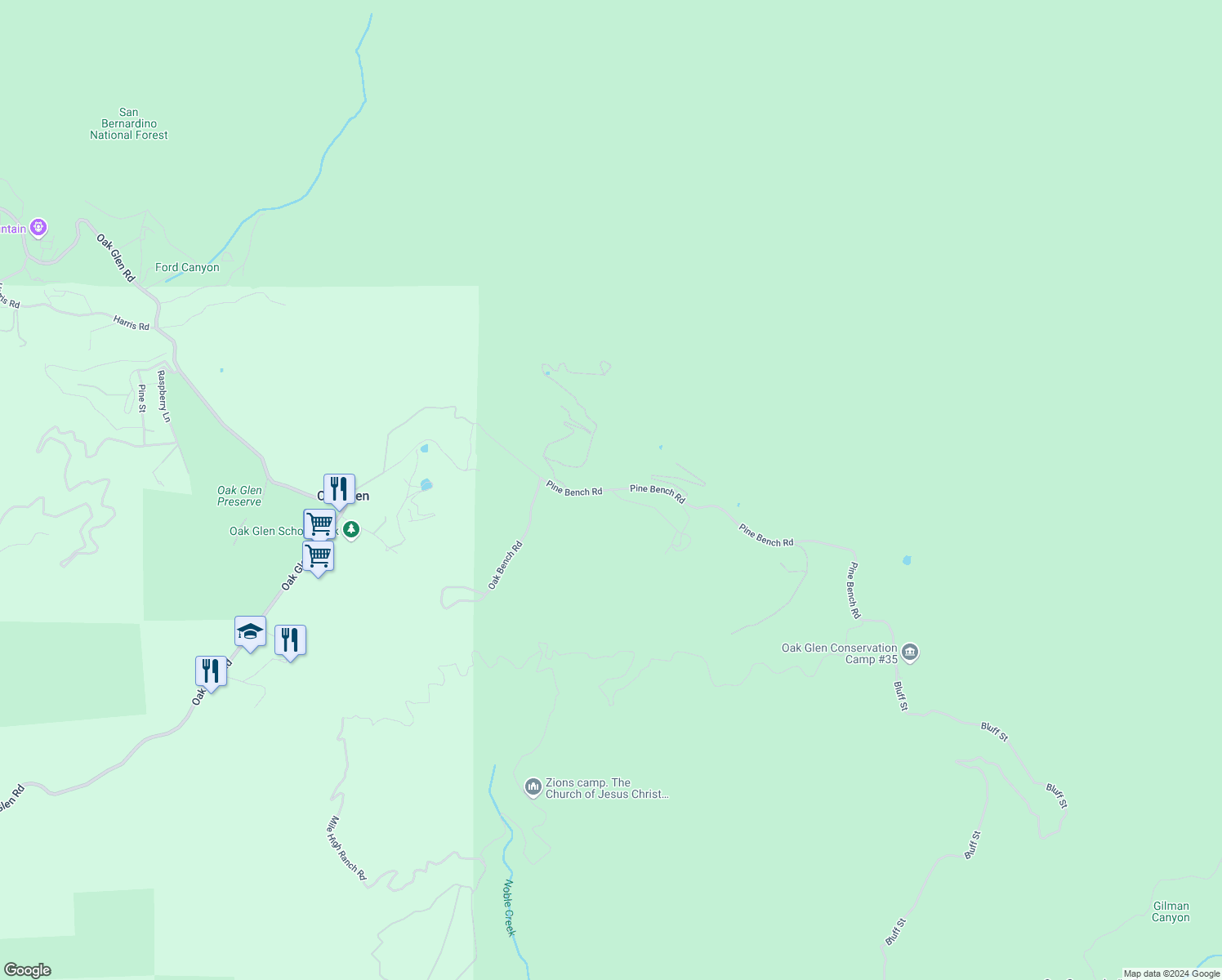 map of restaurants, bars, coffee shops, grocery stores, and more near Pine Bench Road in Oak Glen