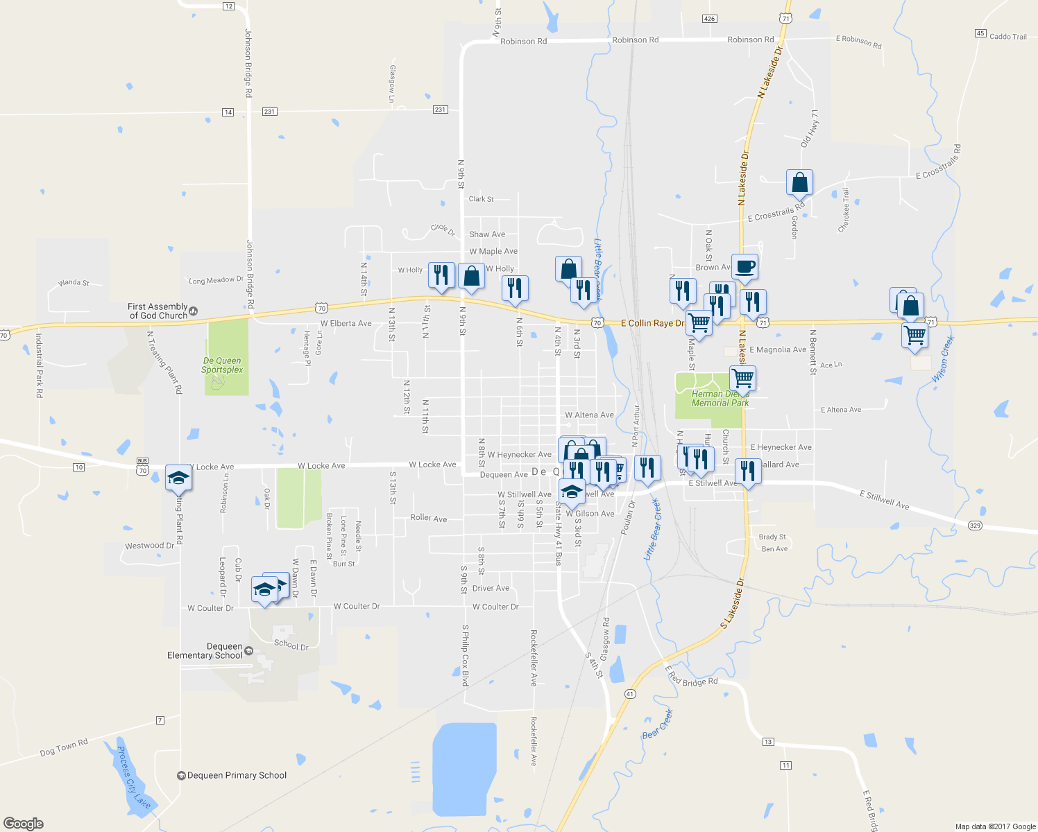 map of restaurants, bars, coffee shops, grocery stores, and more near 602 West Altena Avenue in De Queen