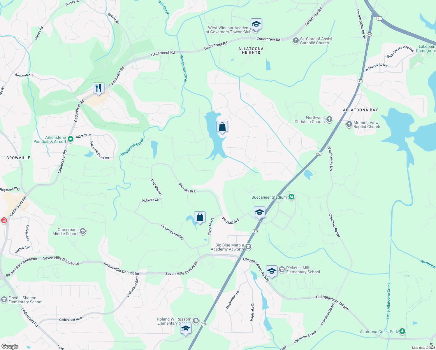 map of restaurants, bars, coffee shops, grocery stores, and more near 300 Mill Creek Court in Acworth