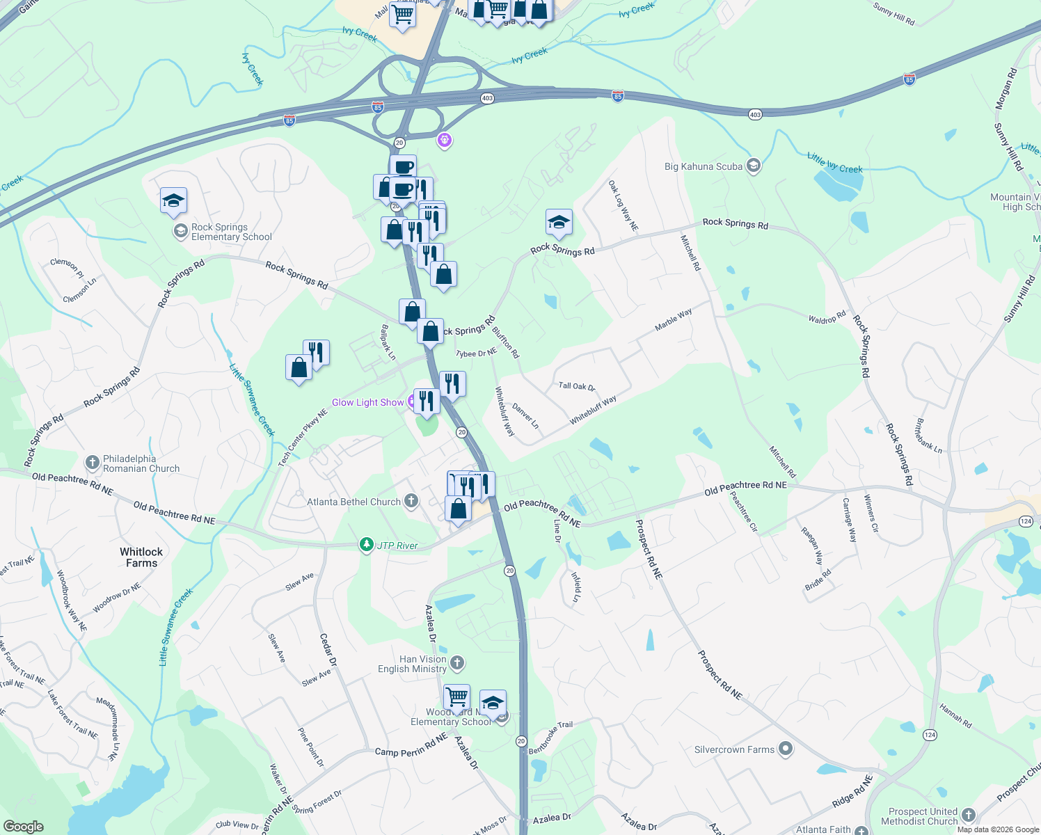 map of restaurants, bars, coffee shops, grocery stores, and more near 2454 Danver Ln in Buford