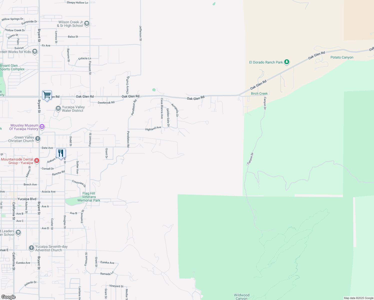 map of restaurants, bars, coffee shops, grocery stores, and more near Acropolis Drive in Yucaipa