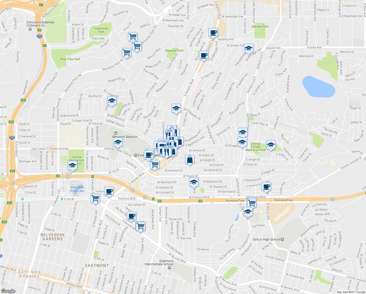 map of restaurants, bars, coffee shops, grocery stores, and more near 1938 South McPherrin Avenue in Monterey Park