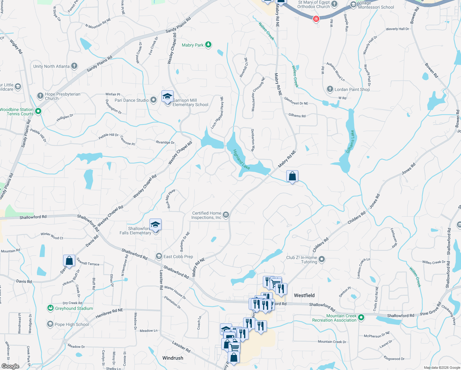 map of restaurants, bars, coffee shops, grocery stores, and more near 4342 Stonehaven Trce in Roswell