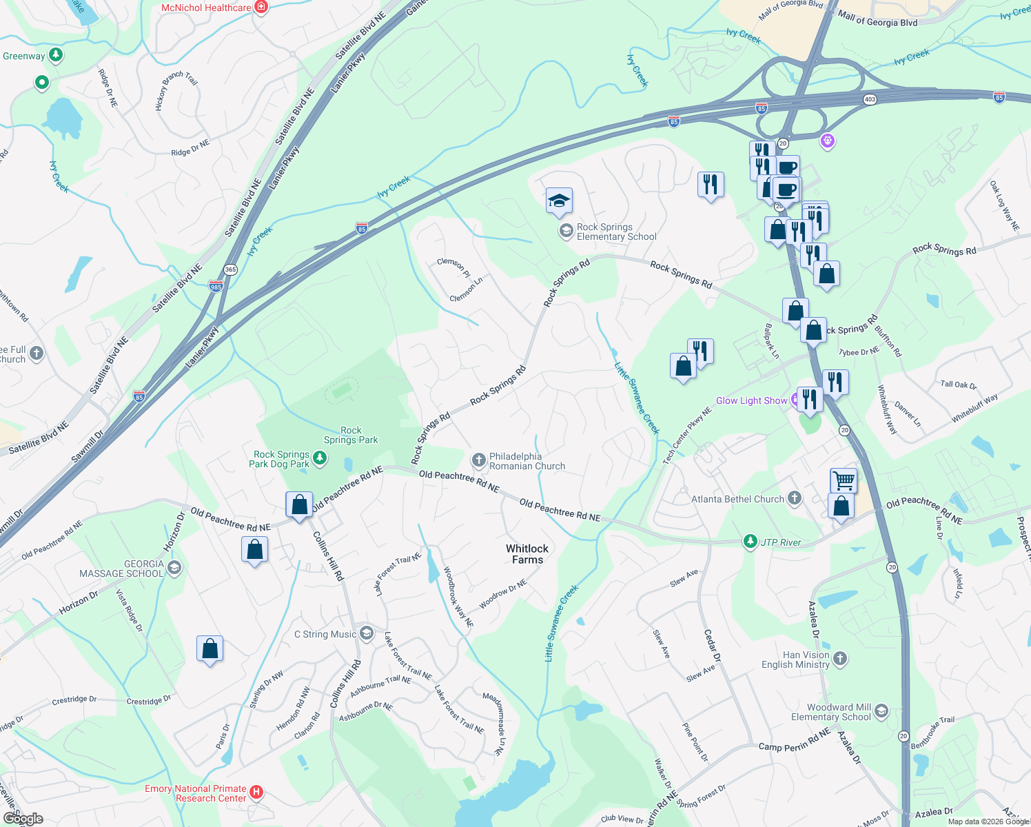 map of restaurants, bars, coffee shops, grocery stores, and more near 699 Springrock Hill Court Northeast in Lawrenceville