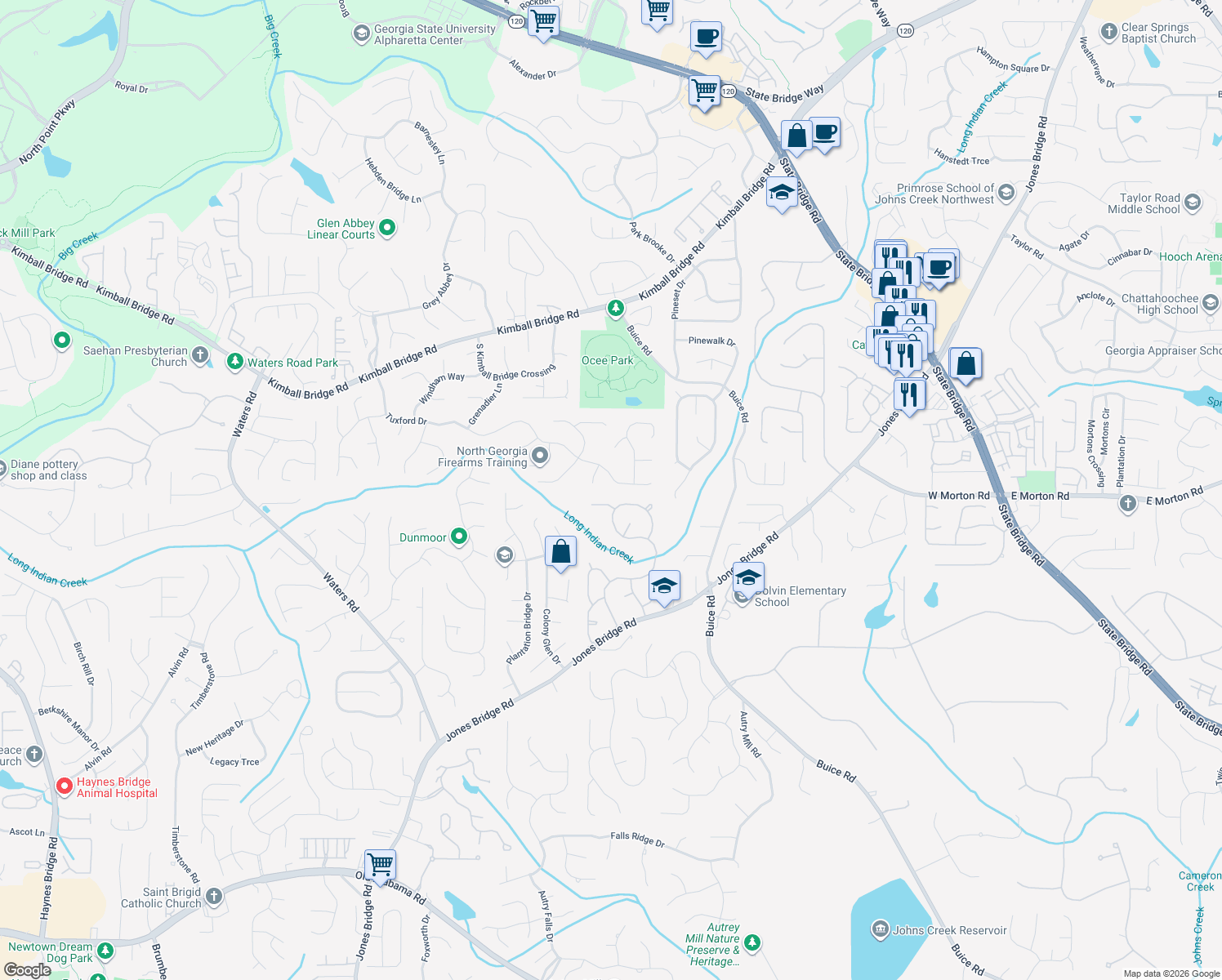 map of restaurants, bars, coffee shops, grocery stores, and more near 10350 Tuxford Dr in Alpharetta