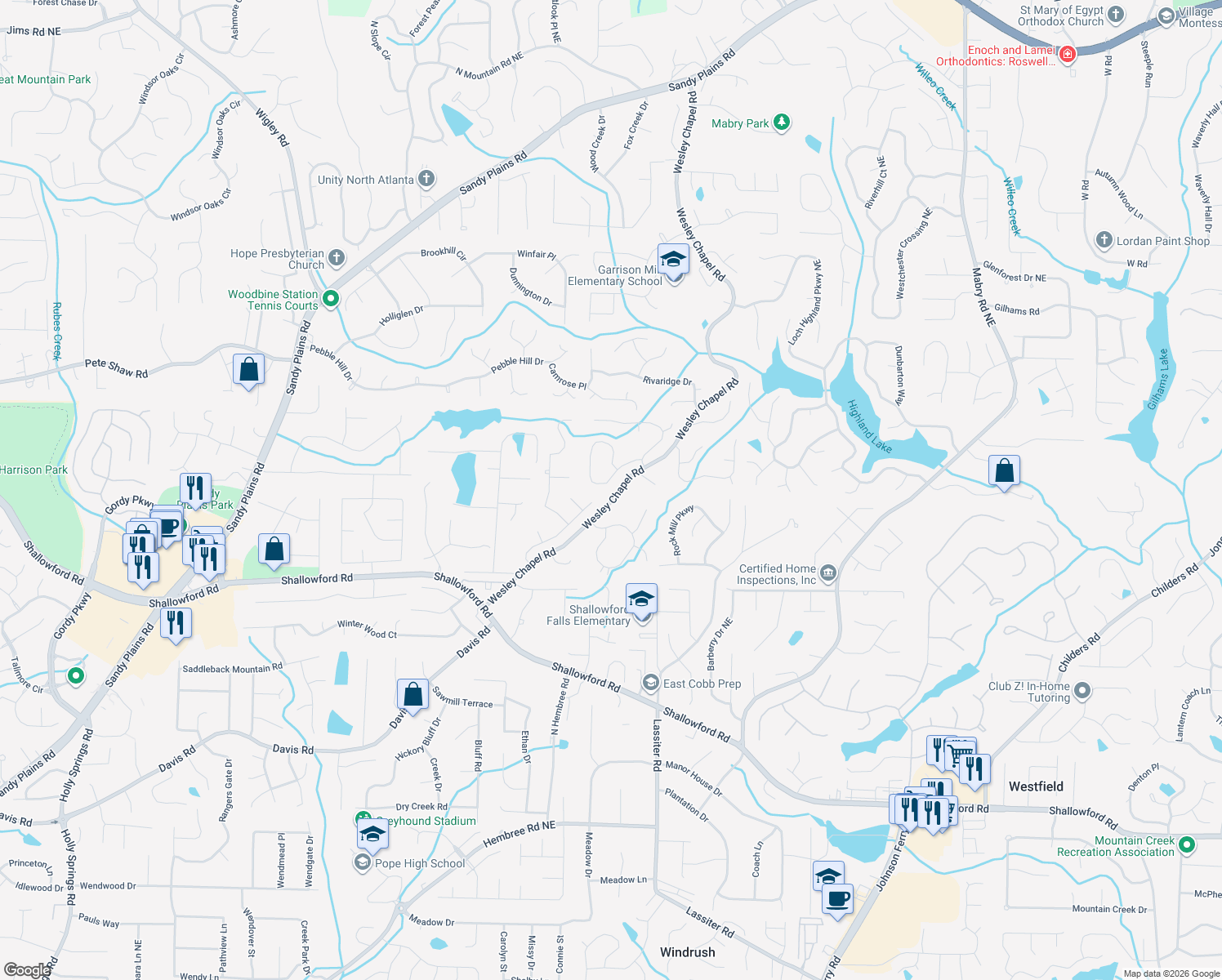 map of restaurants, bars, coffee shops, grocery stores, and more near 3849 Fenway Crossing in Marietta