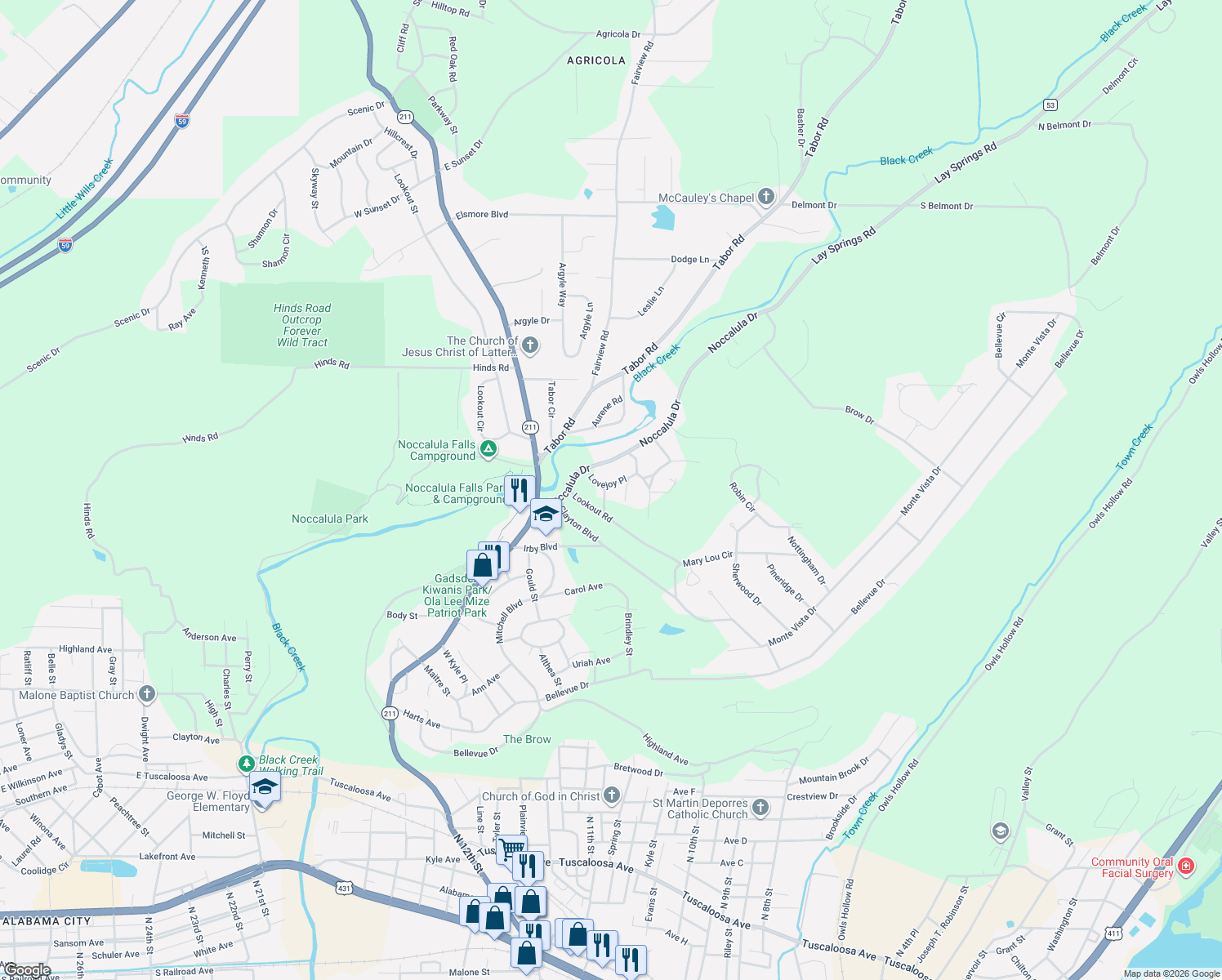 map of restaurants, bars, coffee shops, grocery stores, and more near 100 Miller Avenue in Gadsden