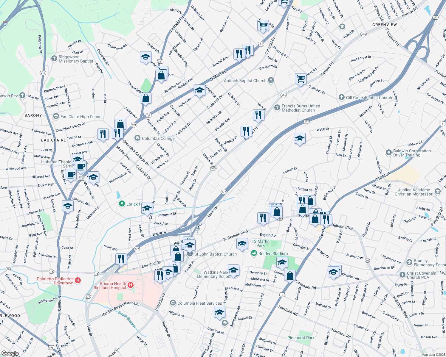 map of restaurants, bars, coffee shops, grocery stores, and more near 162 Burton Heights Circle in Columbia