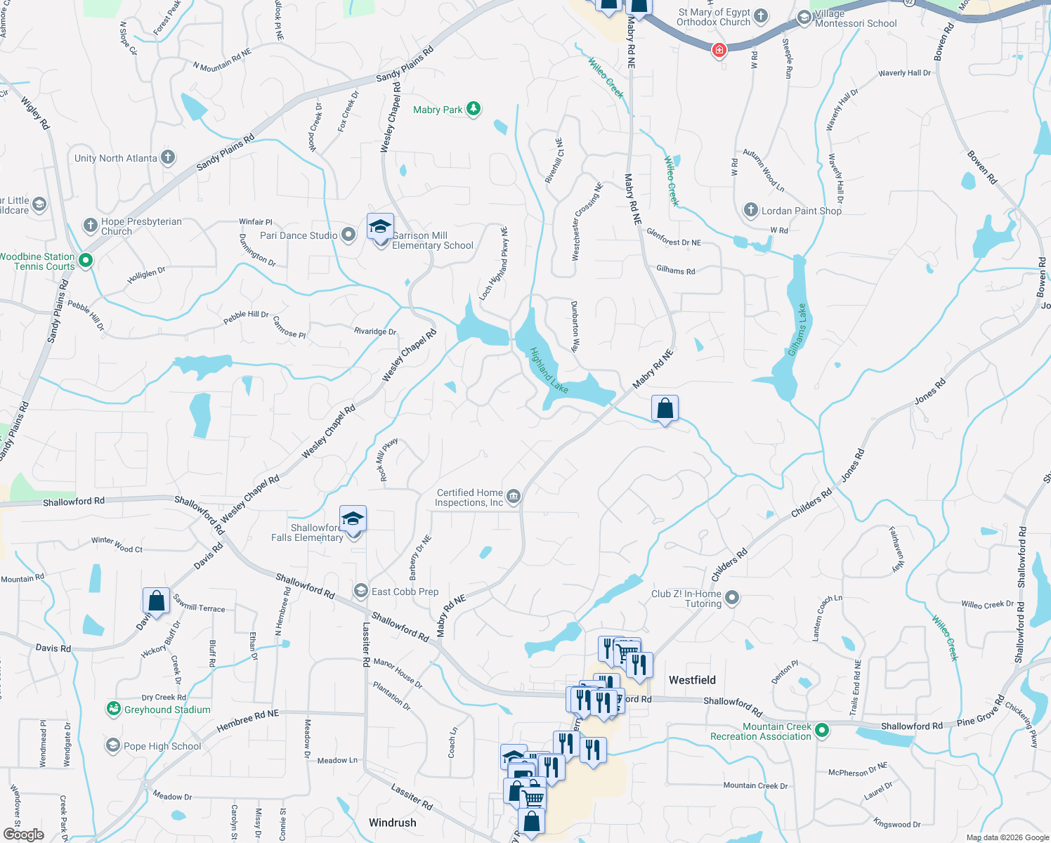 map of restaurants, bars, coffee shops, grocery stores, and more near 4342 Stonehaven Trce in Roswell