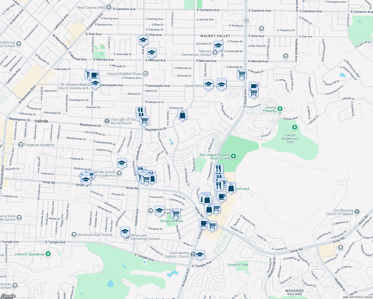 map of restaurants, bars, coffee shops, grocery stores, and more near 1819 Molokai Street in West Covina