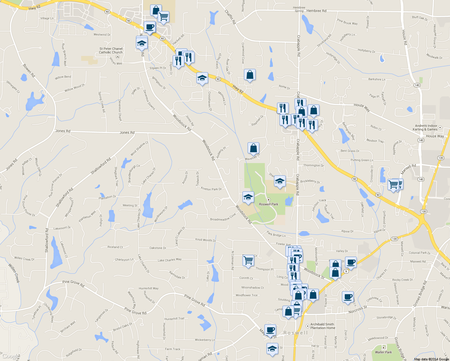 map of restaurants, bars, coffee shops, grocery stores, and more near 500 Middleton Place in Roswell