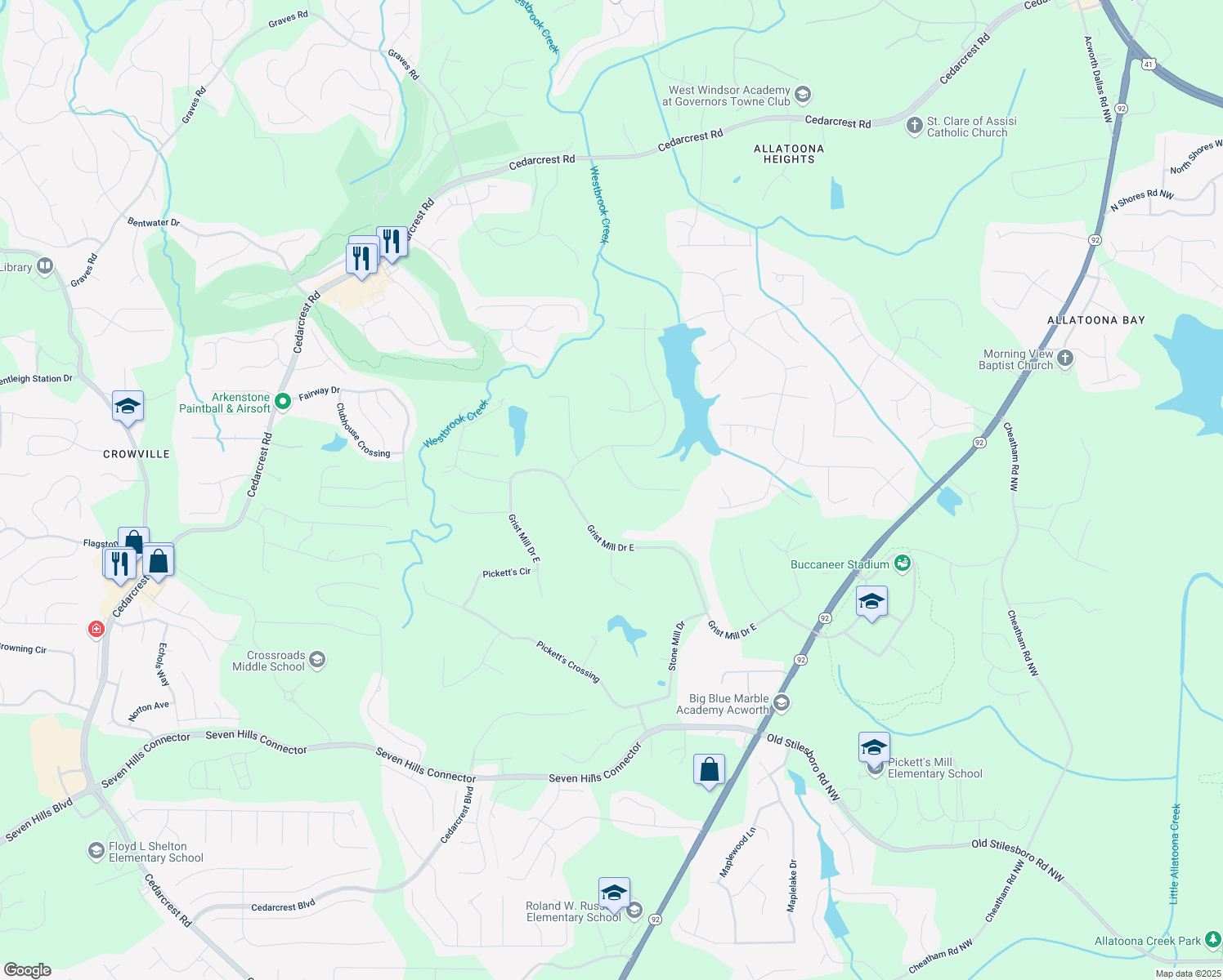 map of restaurants, bars, coffee shops, grocery stores, and more near 120 Mill Creek Court in Acworth