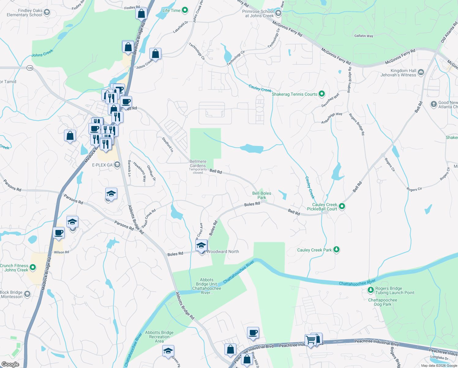 map of restaurants, bars, coffee shops, grocery stores, and more near 10703 Glenleigh Dr in Duluth