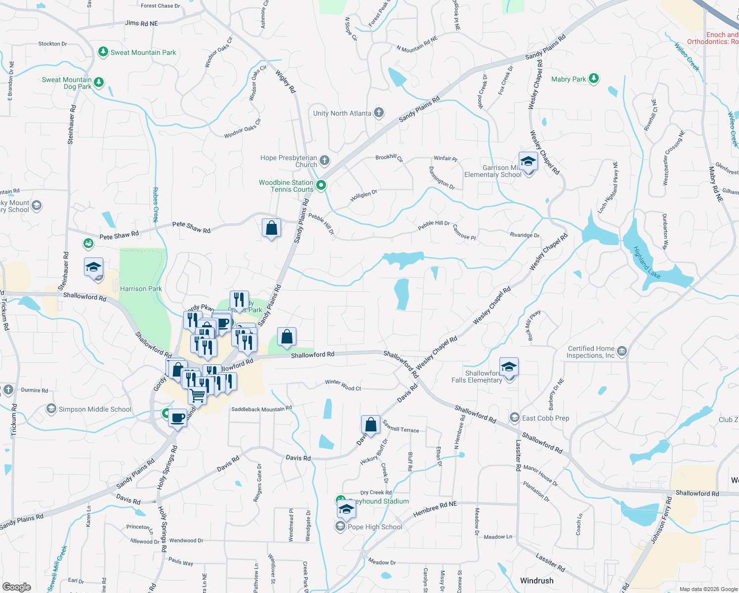 map of restaurants, bars, coffee shops, grocery stores, and more near 3450 Creek Hollow Dr in Marietta