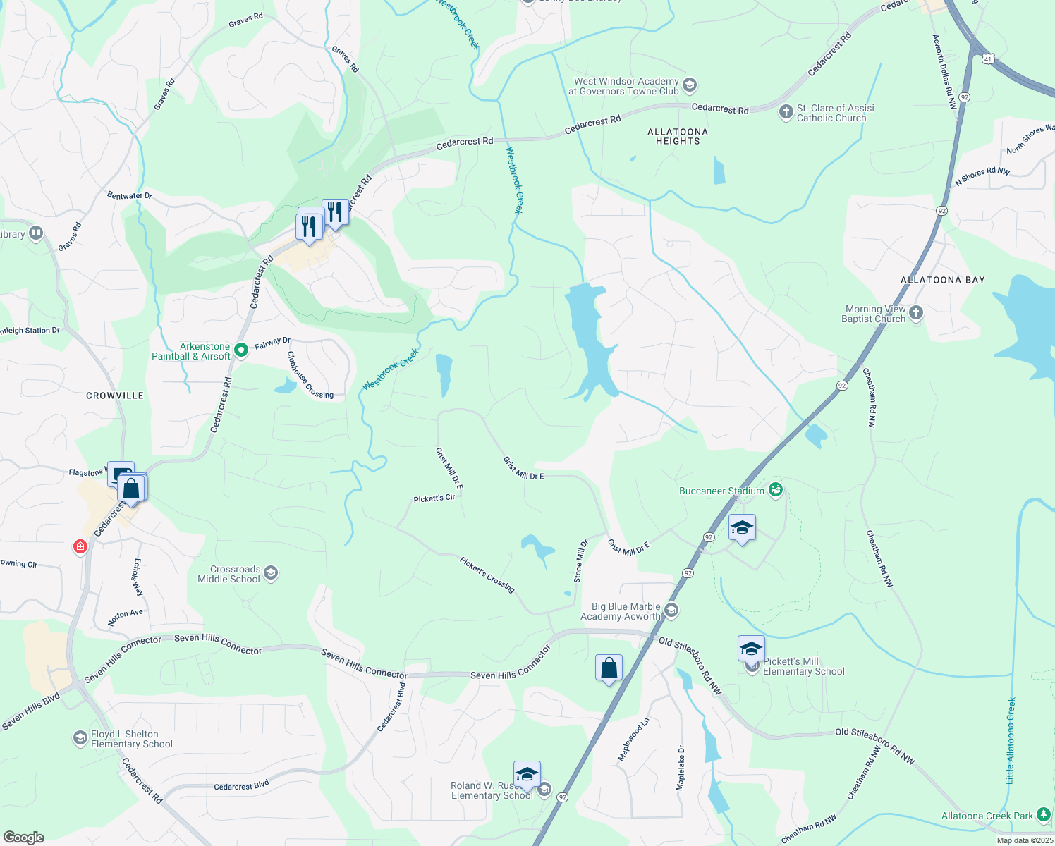 map of restaurants, bars, coffee shops, grocery stores, and more near 120 Mill Creek Court in Acworth