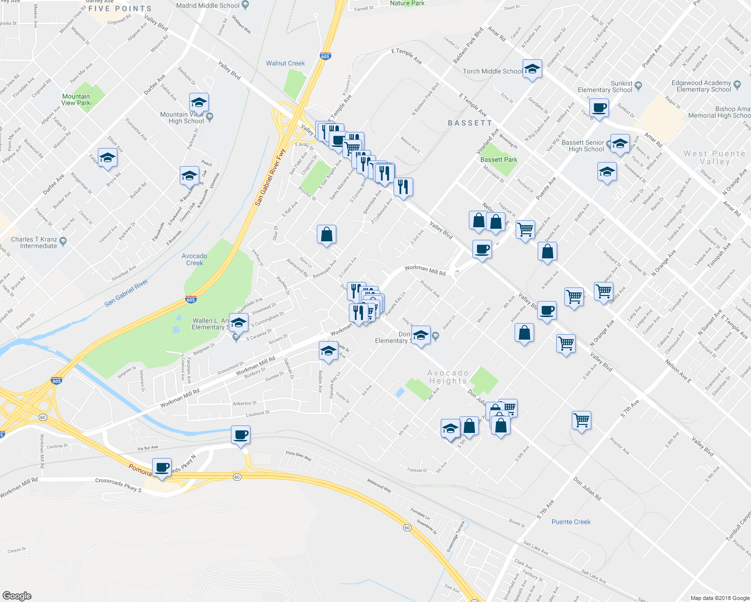 map of restaurants, bars, coffee shops, grocery stores, and more near 440 Workman Mill Road in La Puente