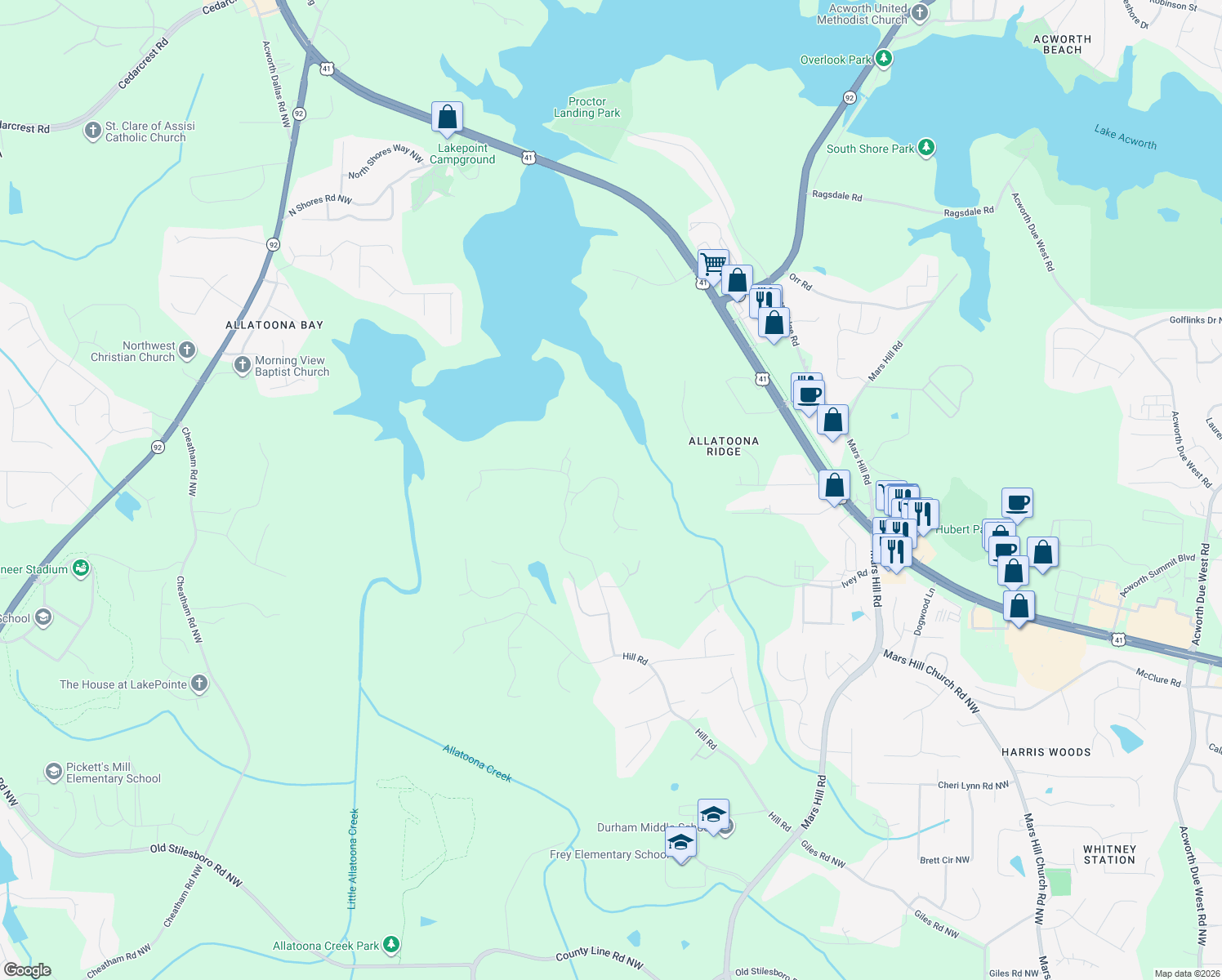 map of restaurants, bars, coffee shops, grocery stores, and more near 5331 Saville Drive Northwest in Acworth