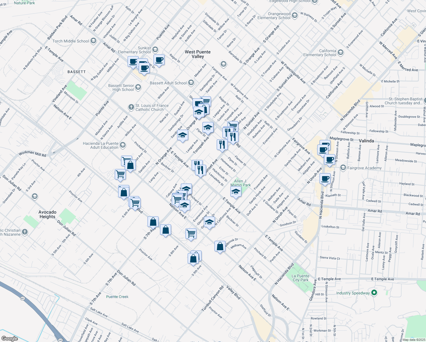 map of restaurants, bars, coffee shops, grocery stores, and more near 14612 Hutchcroft Street in La Puente