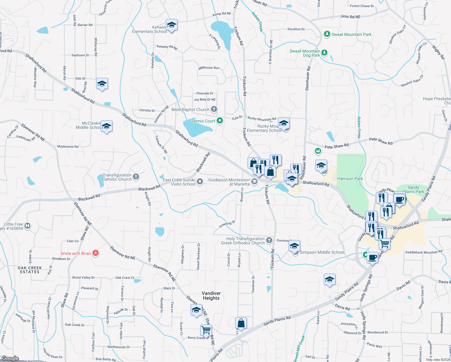 map of restaurants, bars, coffee shops, grocery stores, and more near 2170 Wenlok Trail in Marietta