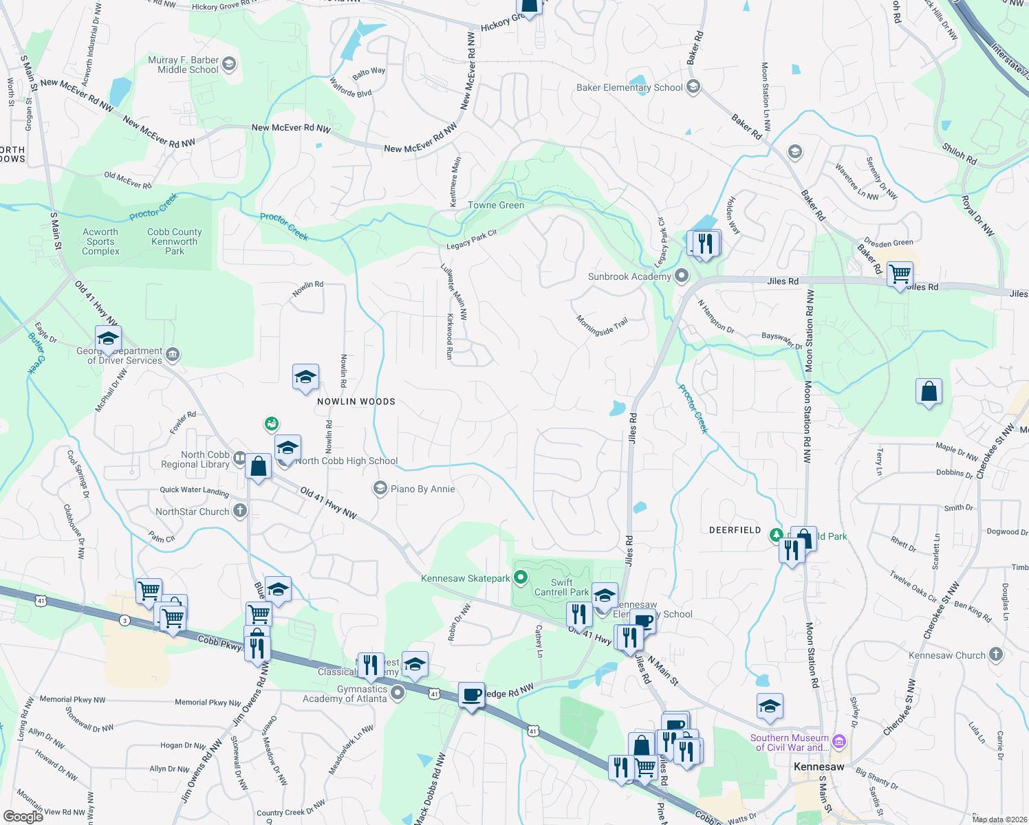 map of restaurants, bars, coffee shops, grocery stores, and more near 3160 Elmendorf Drive Northwest in Kennesaw