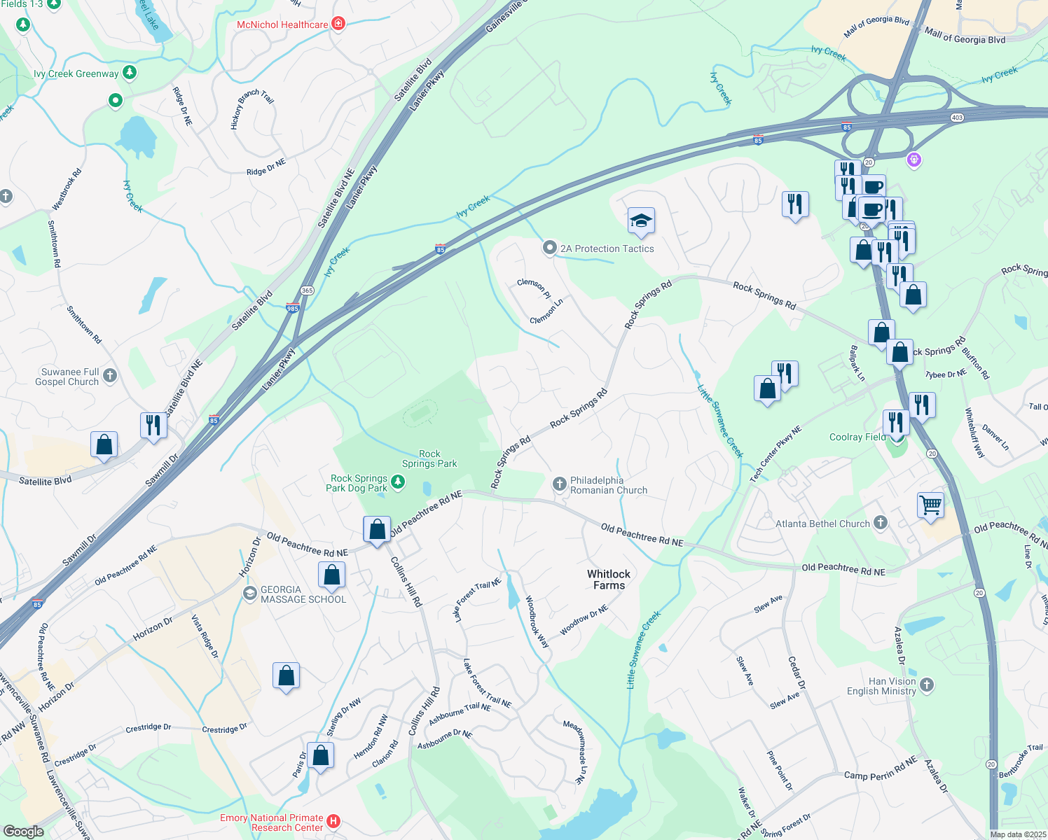 map of restaurants, bars, coffee shops, grocery stores, and more near 620 Reeves Hill Point in Lawrenceville