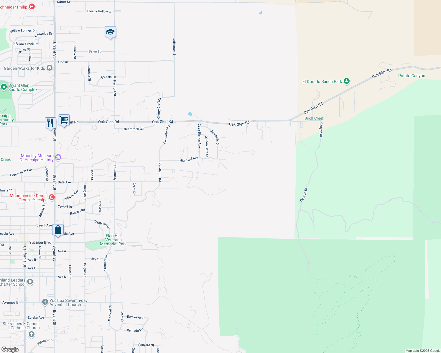 map of restaurants, bars, coffee shops, grocery stores, and more near Acropolis Drive in Yucaipa