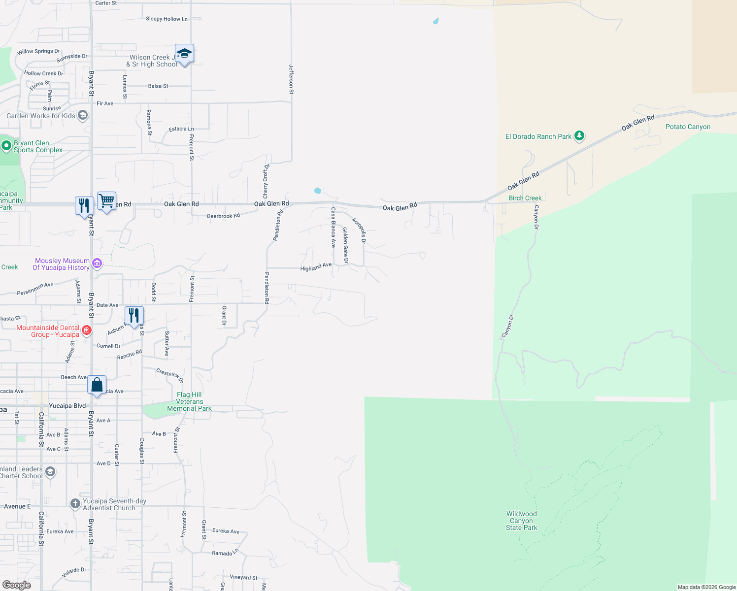 map of restaurants, bars, coffee shops, grocery stores, and more near 11627 Chalen Way in Yucaipa