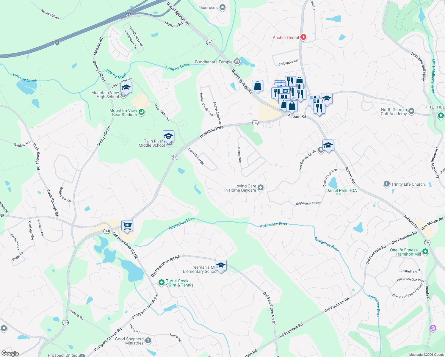 map of restaurants, bars, coffee shops, grocery stores, and more near 2305 Hampton Park Ct in Buford
