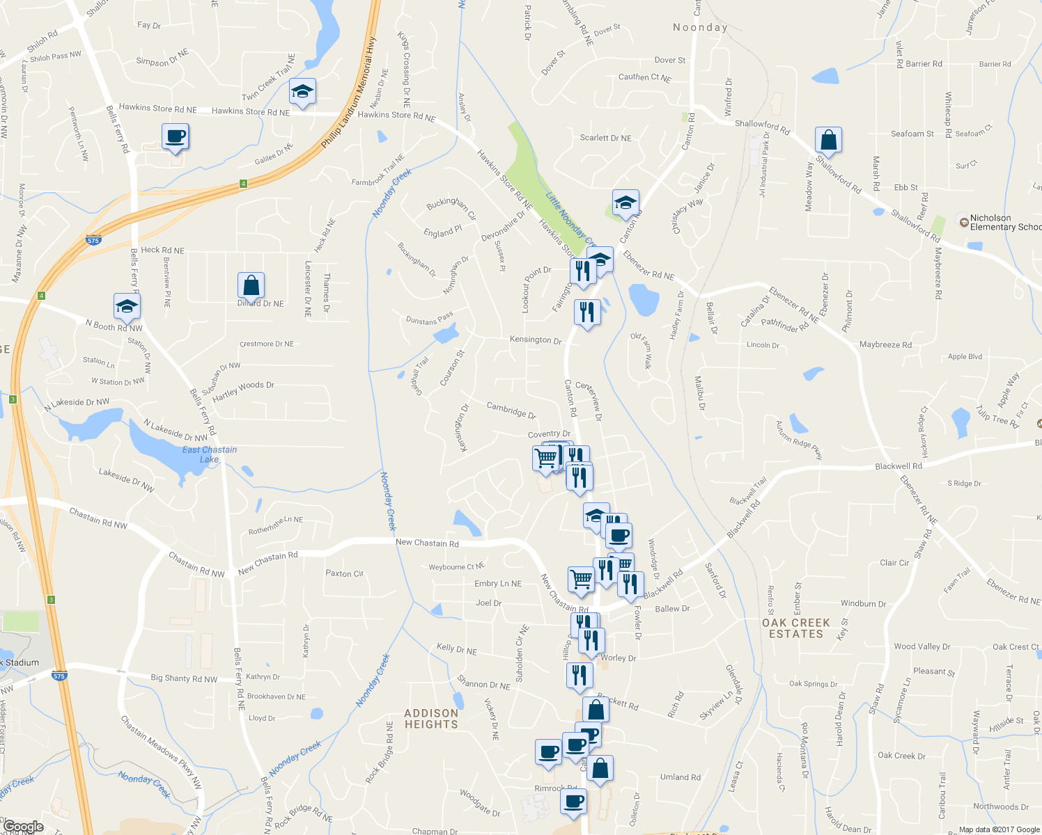 map of restaurants, bars, coffee shops, grocery stores, and more near 630 Cambridge Drive in Marietta