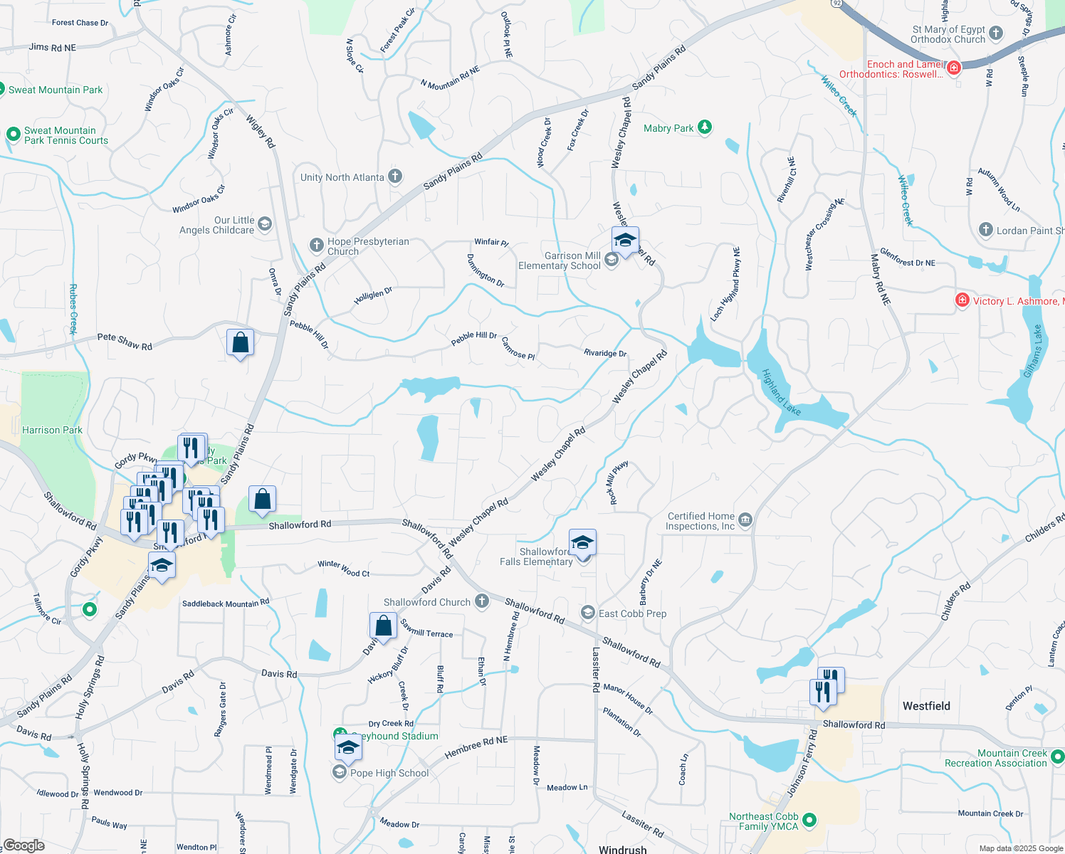 map of restaurants, bars, coffee shops, grocery stores, and more near 3837 Fenway Crossing in Marietta