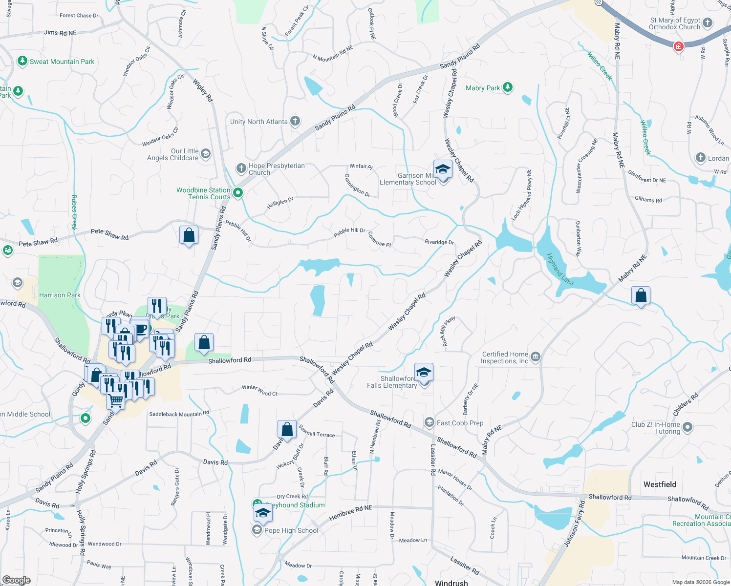 map of restaurants, bars, coffee shops, grocery stores, and more near 3790 Northpoint Drive in Marietta