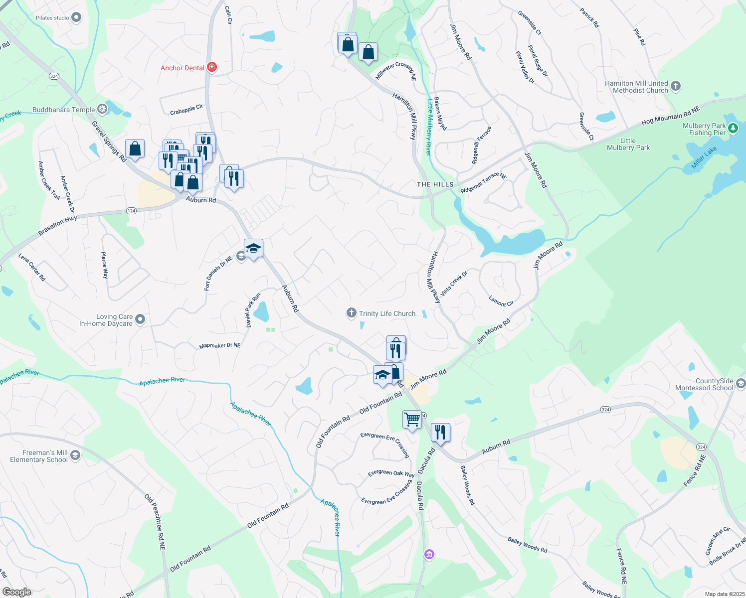 map of restaurants, bars, coffee shops, grocery stores, and more near 3198 Highland Forge Trail in Dacula