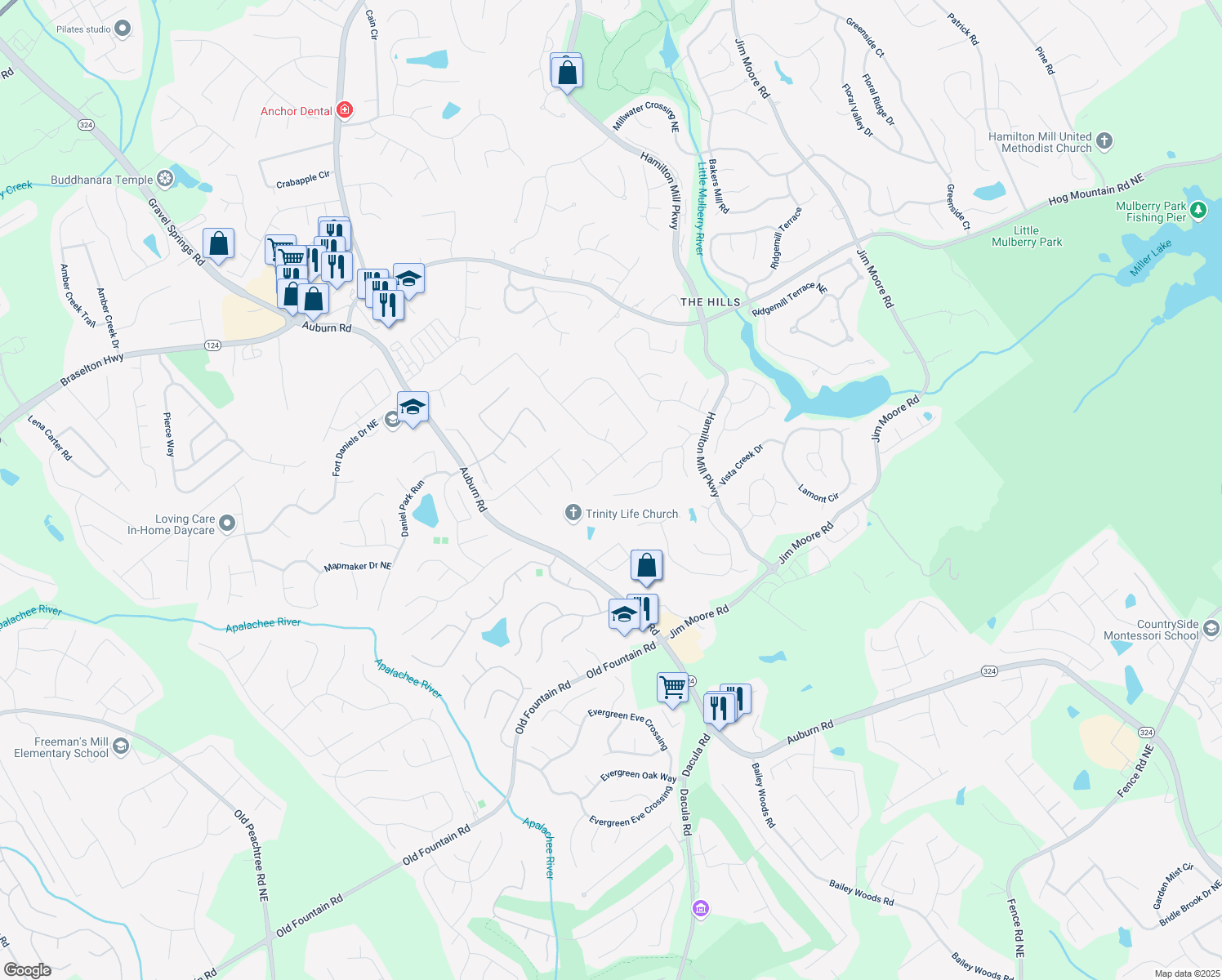 map of restaurants, bars, coffee shops, grocery stores, and more near 3198 Highland Forge Trail in Dacula