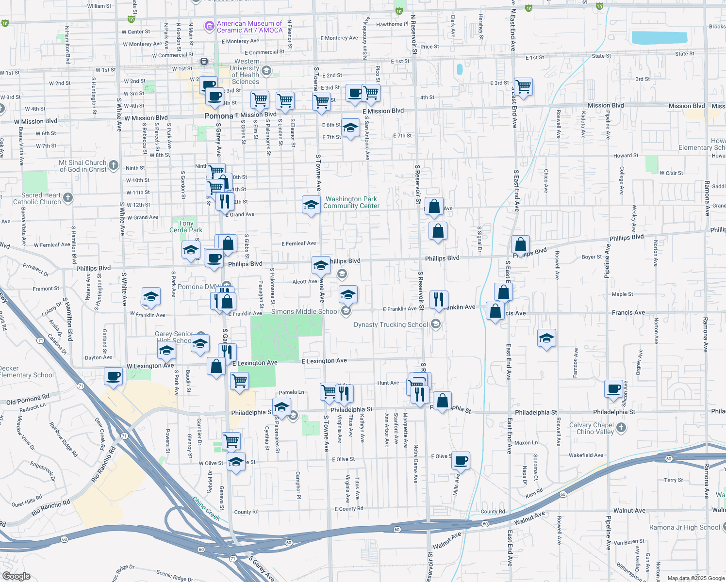 map of restaurants, bars, coffee shops, grocery stores, and more near 1634 Lantana Way in Pomona