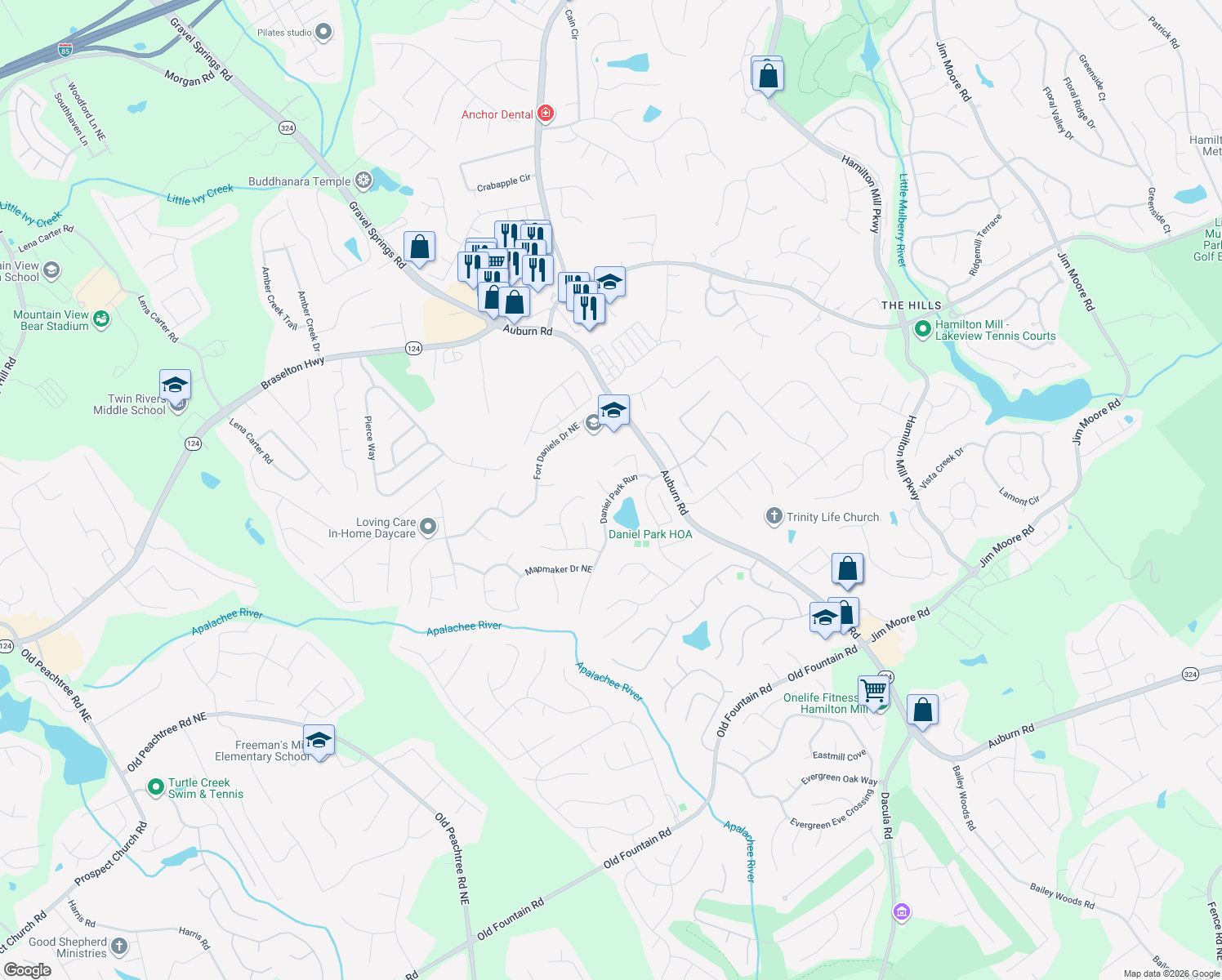 map of restaurants, bars, coffee shops, grocery stores, and more near 2820 Daniel Park Run in Dacula