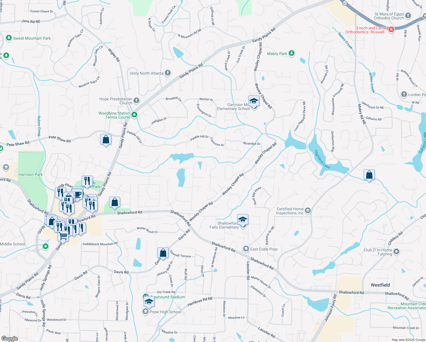 map of restaurants, bars, coffee shops, grocery stores, and more near 3790 Northpoint Dr in Marietta