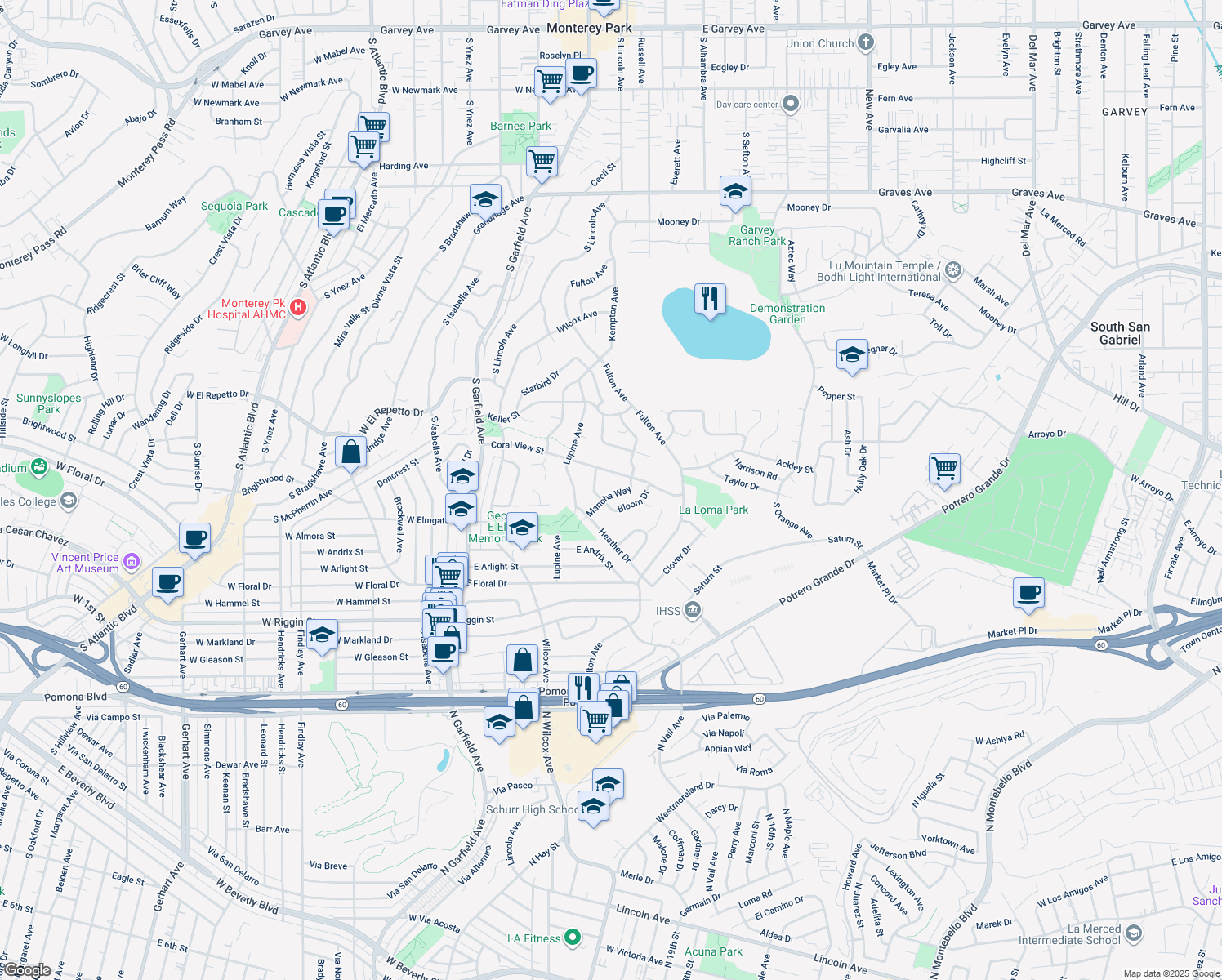 map of restaurants, bars, coffee shops, grocery stores, and more near 1969 Mancha Way in Monterey Park