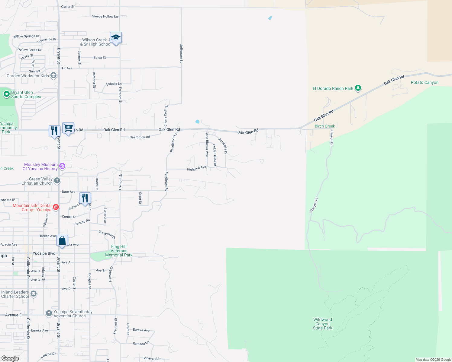 map of restaurants, bars, coffee shops, grocery stores, and more near 11627 Chalen Way in Yucaipa