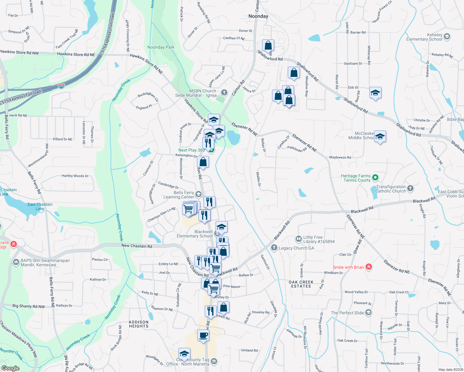 map of restaurants, bars, coffee shops, grocery stores, and more near 953 Old Farm Walk in Marietta