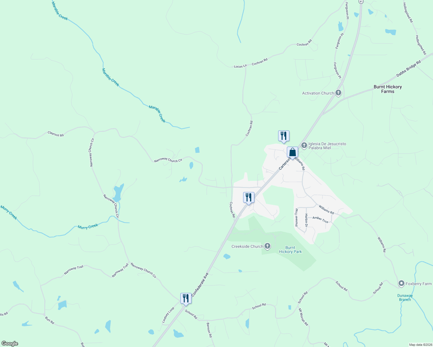 map of restaurants, bars, coffee shops, grocery stores, and more near 94 Burnt Hickory Pointe in Dallas