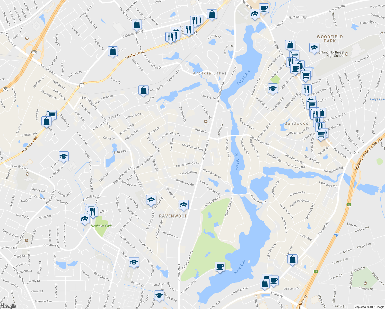 map of restaurants, bars, coffee shops, grocery stores, and more near 6317 Pinefield Road in Columbia