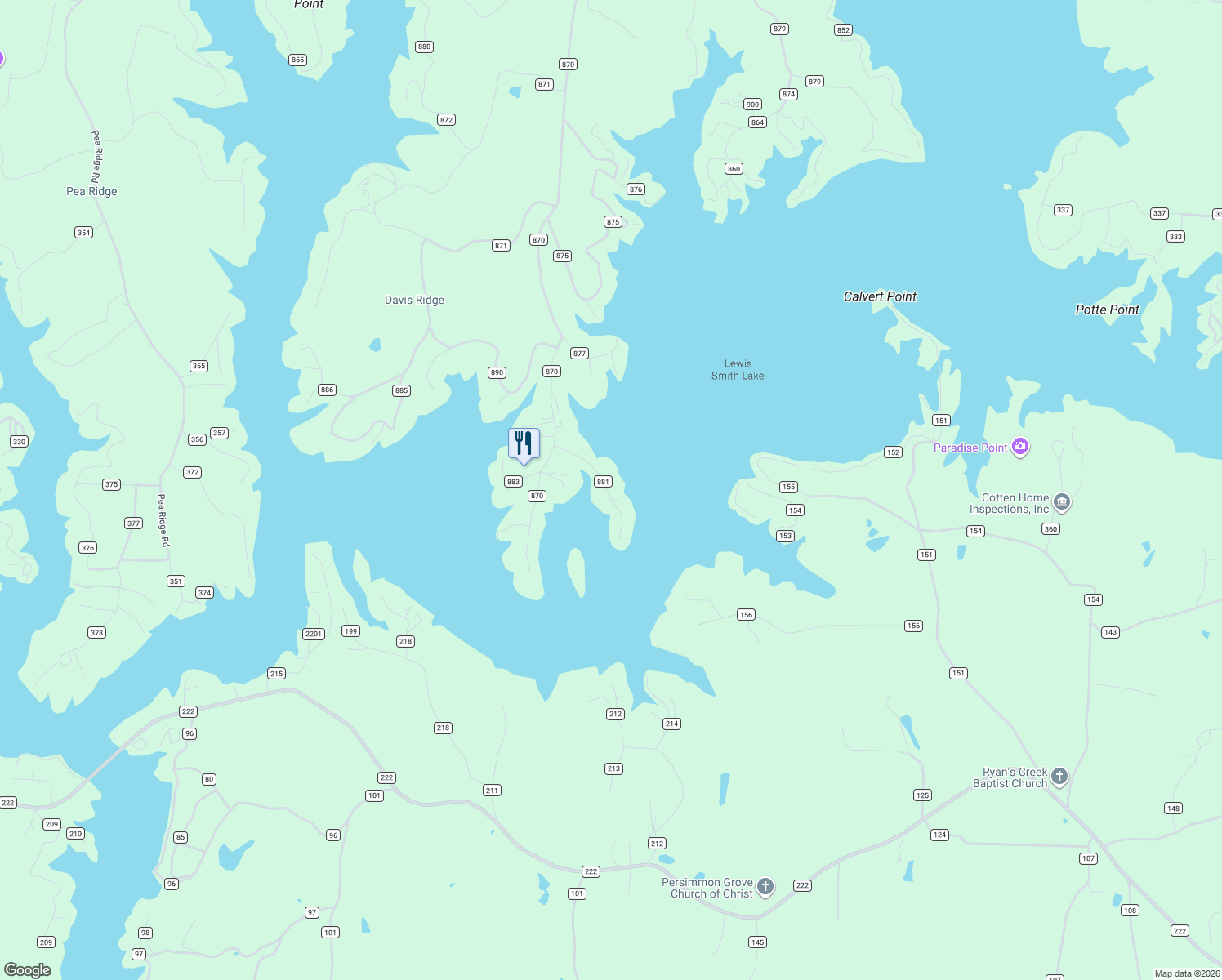 map of restaurants, bars, coffee shops, grocery stores, and more near 221 County Road 881 in Crane Hill