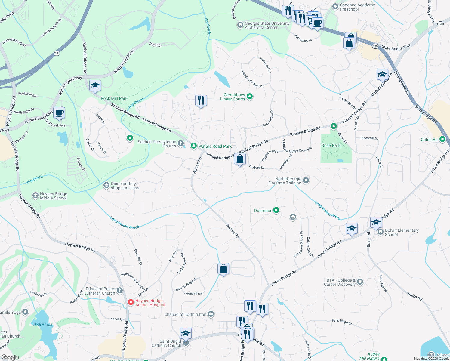 map of restaurants, bars, coffee shops, grocery stores, and more near 3345 Sugar Valley Trail in Alpharetta