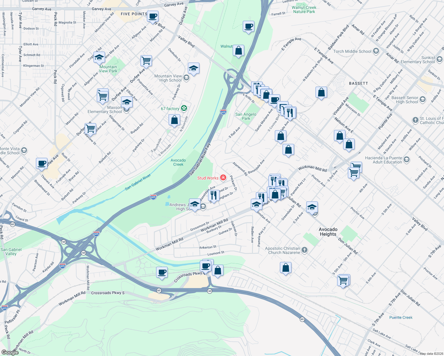 map of restaurants, bars, coffee shops, grocery stores, and more near 13141 Levelwood Street in La Puente
