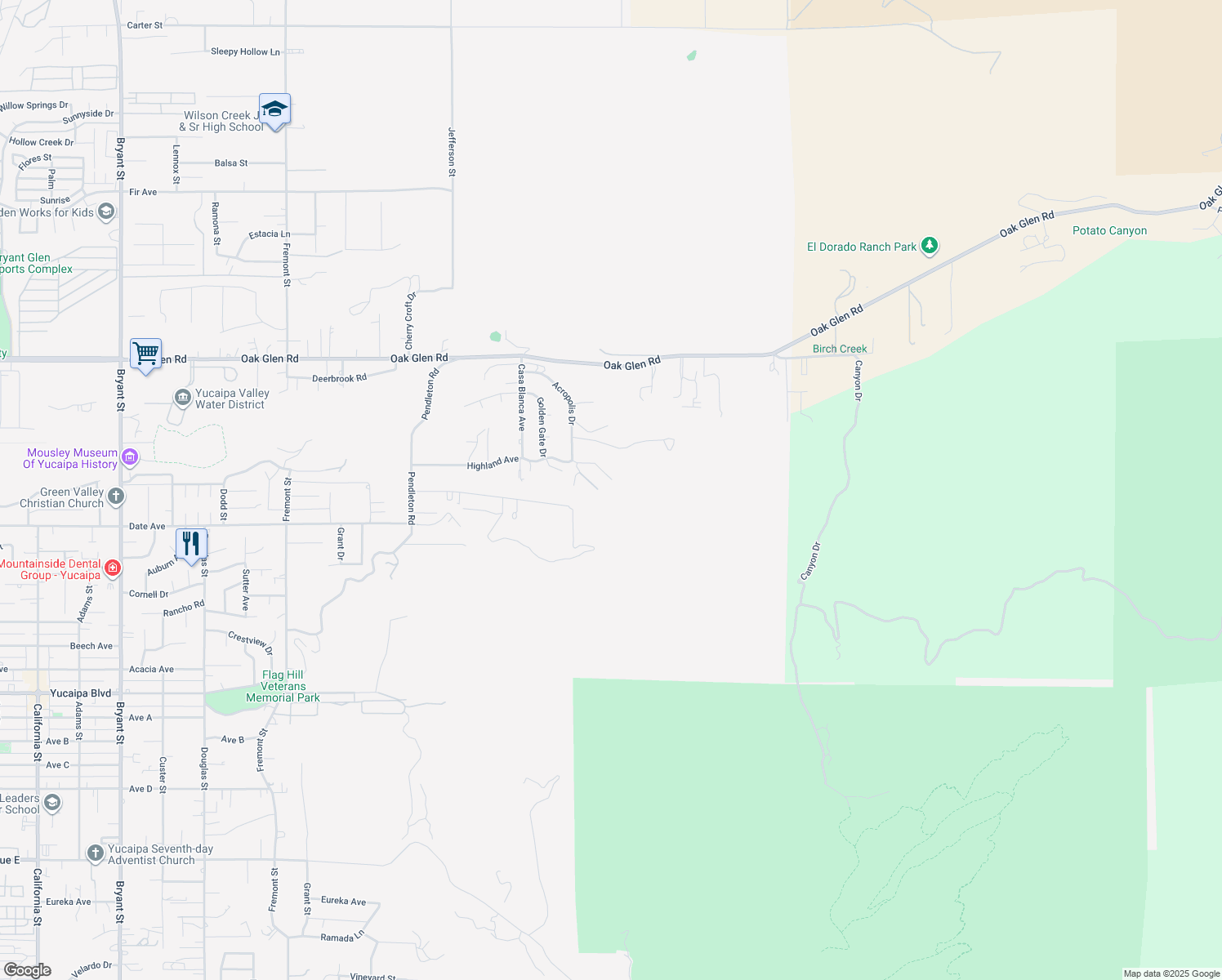 map of restaurants, bars, coffee shops, grocery stores, and more near 36495 Rodgers Lane in Yucaipa